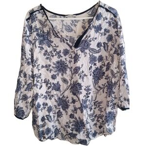 Rose & Rhyme Sz 1X White & Blue Floral Tunic Top Chinoiserie Boho French Country